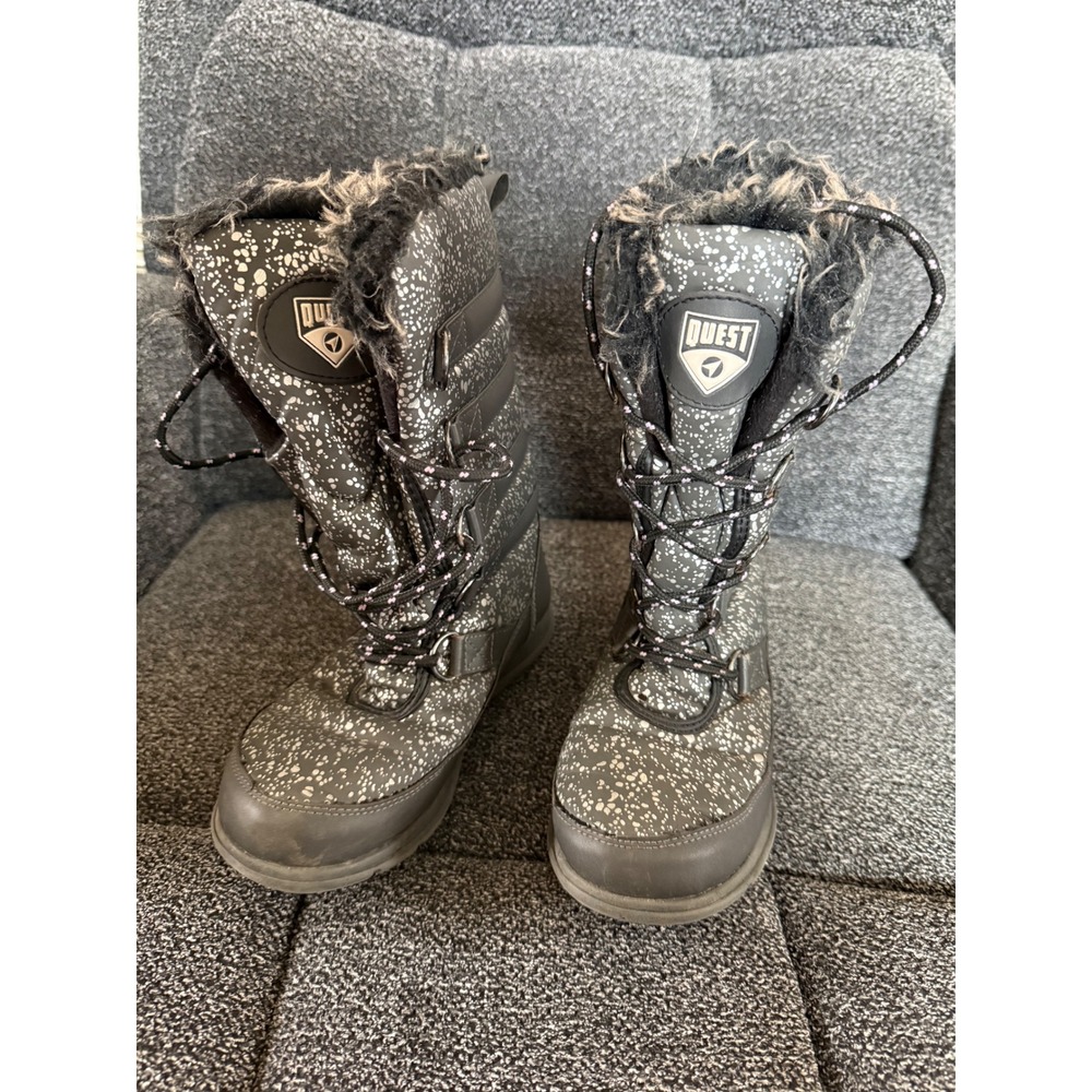 Quest Kids Winter Snow Boots Black White Speckled Fur Lined‎ Lace Up Size 3
